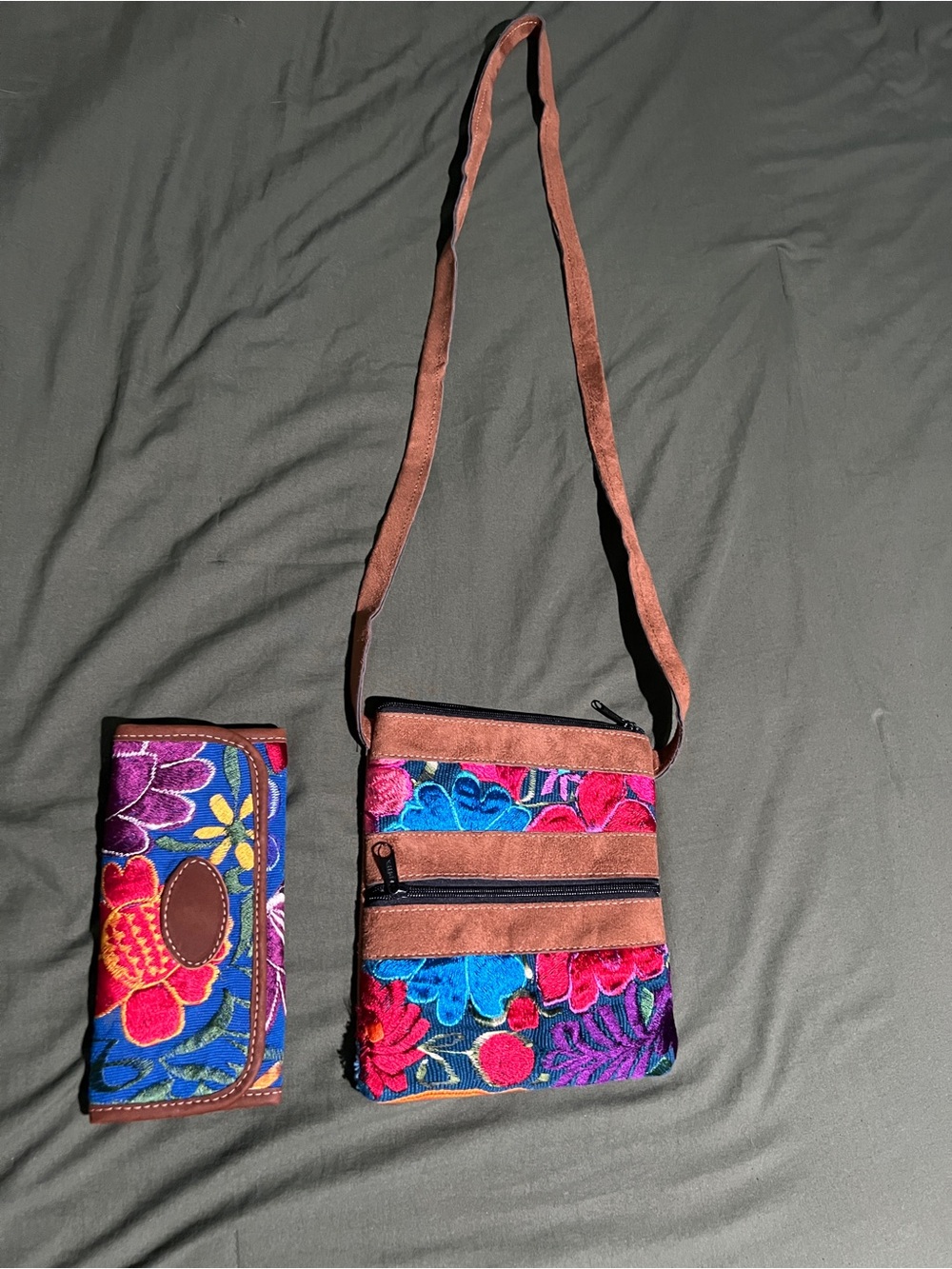 Embroidered Crossbody Bag and Wallet in Multicolor